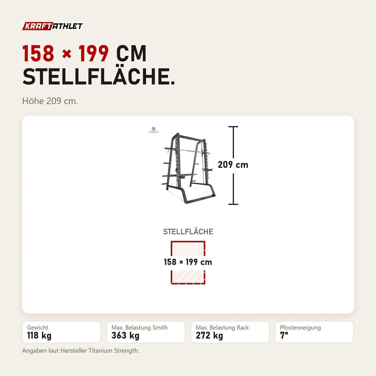 Maßbild Titanium Strength Linearlager Smith Maschine 160SC: Stellfläche 158 × 199 cm, Höhe 209 cm