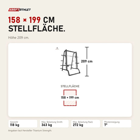 Maßbild Titanium Strength Linearlager Smith Maschine 160SC: Stellfläche 158 × 199 cm, Höhe 209 cm