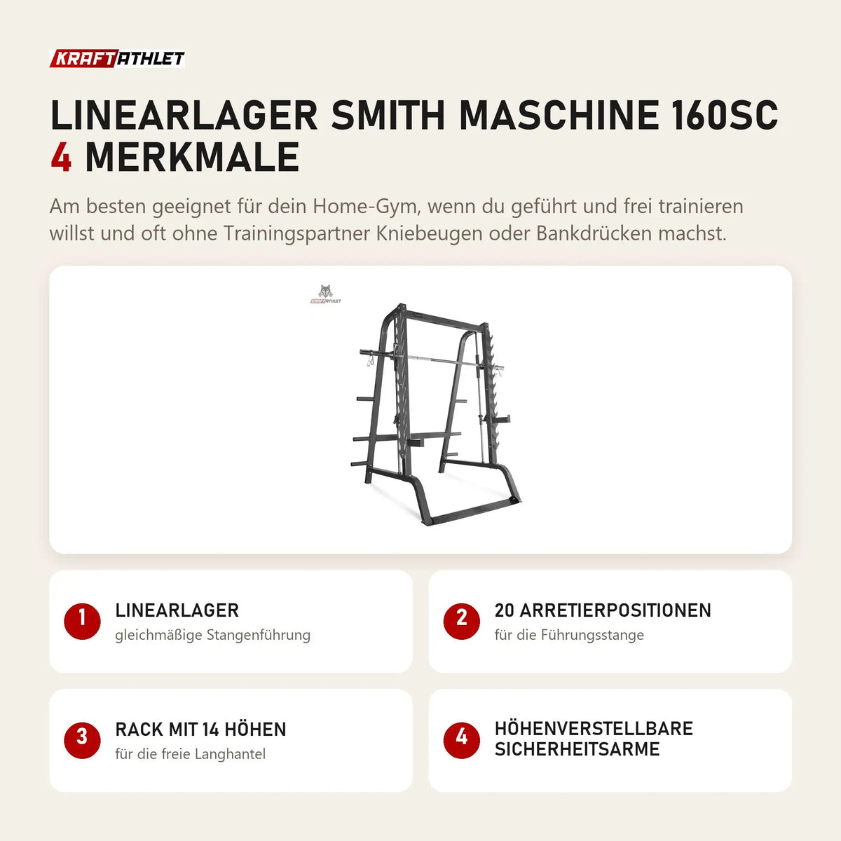 Titanium Strength Linearlager Smith Maschine 160SC mit 4 Merkmalen: Linearlager, 20 Arretierpositionen, Rack mit 14 Höhen, Höhenverstellbare Sicherheitsarme
