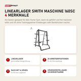 Titanium Strength Linearlager Smith Maschine 160SC mit 4 Merkmalen: Linearlager, 20 Arretierpositionen, Rack mit 14 Höhen, Höhenverstellbare Sicherheitsarme