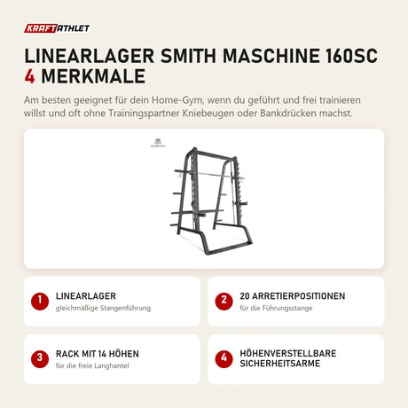 Titanium Strength Linearlager Smith Maschine 160SC mit 4 Merkmalen: Linearlager, 20 Arretierpositionen, Rack mit 14 Höhen, Höhenverstellbare Sicherheitsarme
