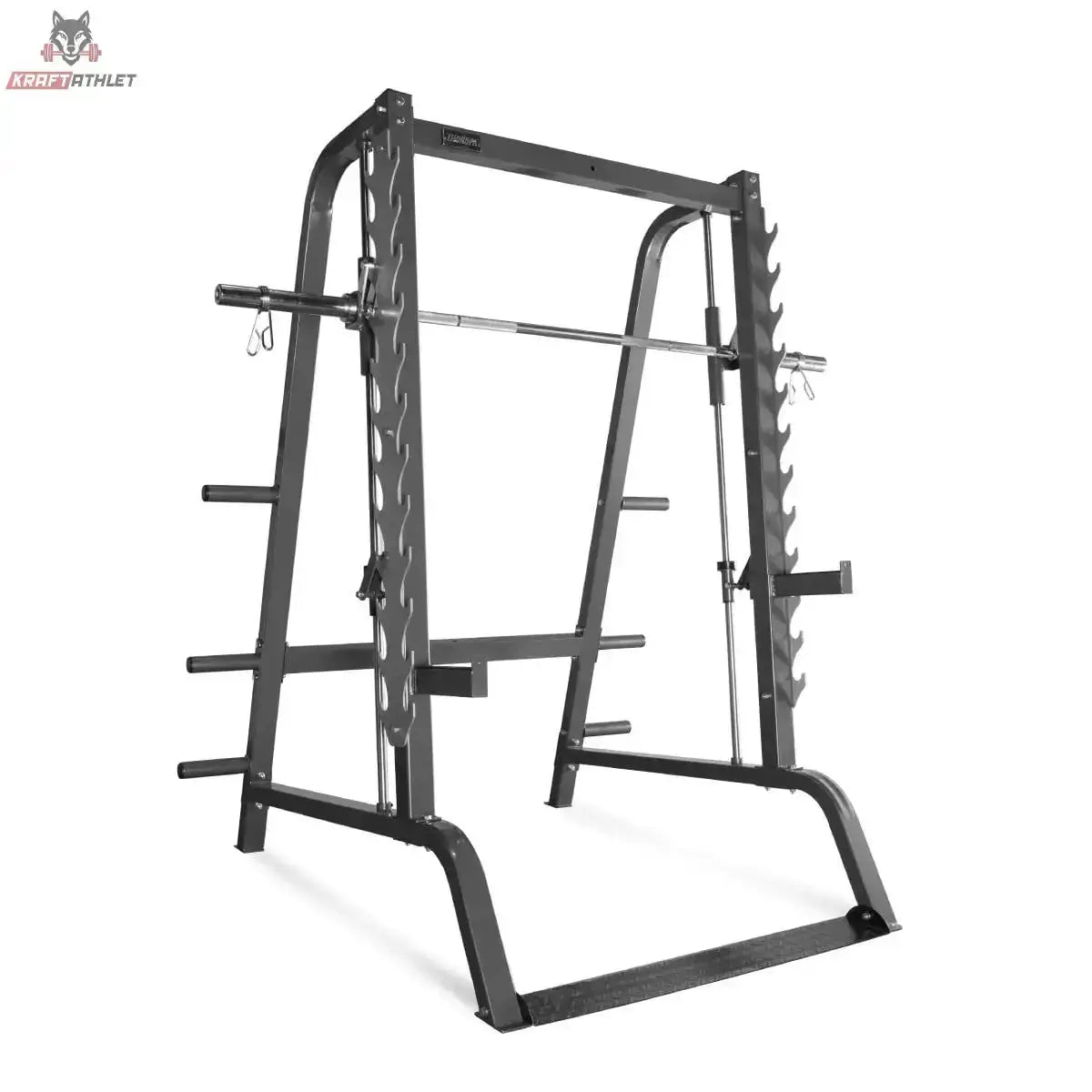 Titanium Strength Linearlager Smith Maschine 160SC in Schrägansicht von rechts mit Führungsstange und Scheibenhörnern