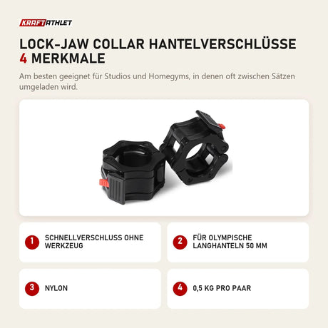 Titanium Strength Lock-Jaw Collar Hantelverschlüsse mit 4 Merkmalen: Schnellverschluss ohne Werkzeug, Für olympische Langhanteln 50 mm, Nylon, 0,5 kg pro Paar