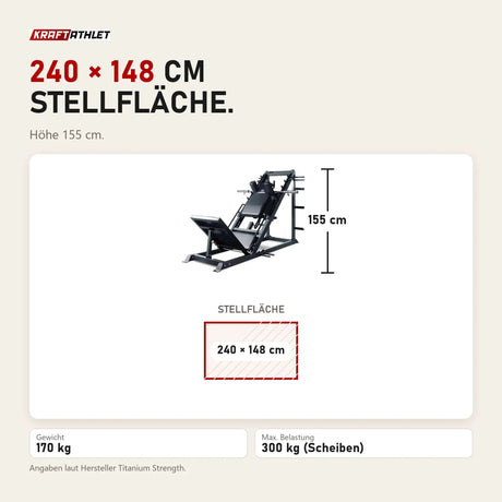 Maßbild Titanium Strength LP300 Monster Leg Press / Hack Squat: Stellfläche 240 × 148 cm, Höhe 155 cm