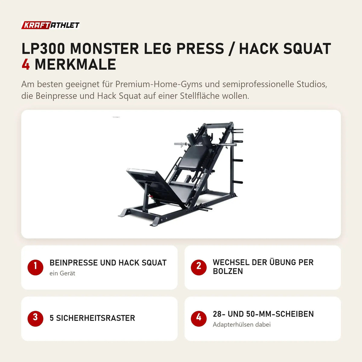 Titanium Strength LP300 Monster Leg Press / Hack Squat mit 4 Merkmalen: Beinpresse und Hack Squat, Wechsel der Übung per Bolzen, 5 Sicherheitsraster, 28- und 50-mm-Scheiben