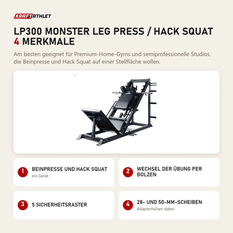 Titanium Strength LP300 Monster Leg Press / Hack Squat mit 4 Merkmalen: Beinpresse und Hack Squat, Wechsel der Übung per Bolzen, 5 Sicherheitsraster, 28- und 50-mm-Scheiben