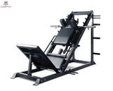 Titanium Strength LP300 Monster Leg Press / Hack Squat – Schrägansicht mit Rückenpolster, Fußplatte und Scheibenaufnahmen