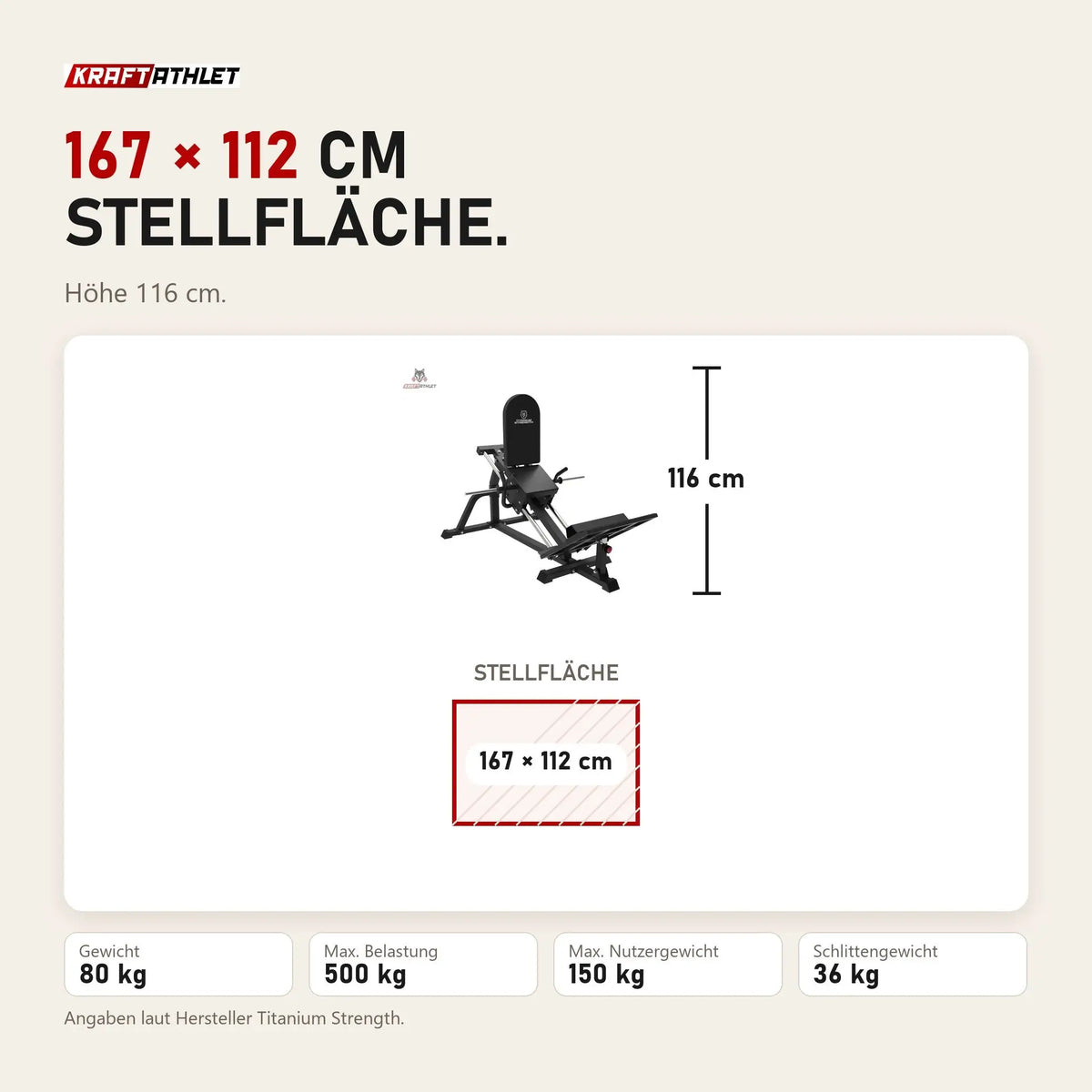 Maßbild Titanium Strength LPC Stehende Beinpresse und Wadenheben 2 in 1: Stellfläche 167 × 112 cm, Höhe 116 cm