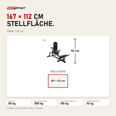 Maßbild Titanium Strength LPC Stehende Beinpresse und Wadenheben 2 in 1: Stellfläche 167 × 112 cm, Höhe 116 cm