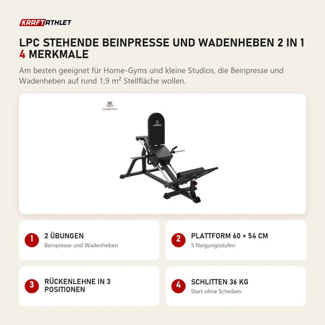 Titanium Strength LPC Stehende Beinpresse und Wadenheben 2 in 1 mit 4 Merkmalen: 2 Übungen, Plattform 60 × 54 cm, Rückenlehne in 3 Positionen, Schlitten 36 kg