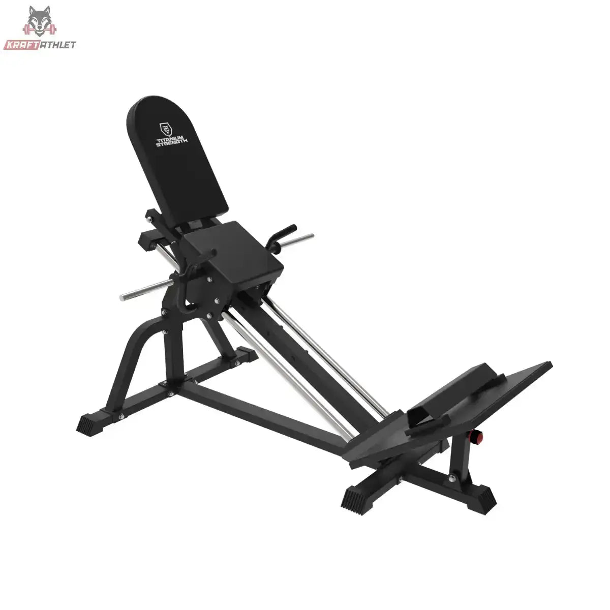 Titanium Strength LPC Stehende Beinpresse und Wadenheben 2 in 1 in Schrägansicht mit Schlitten, Führungsschienen und Scheibenhörnern