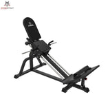 Titanium Strength LPC Stehende Beinpresse und Wadenheben 2 in 1 in Schrägansicht mit Schlitten, Führungsschienen und Scheibenhörnern