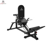 Titanium Strength LPC Stehende Beinpresse und Wadenheben 2 in 1 in Schrägansicht von vorn mit Rückenpolster und Fußplatte