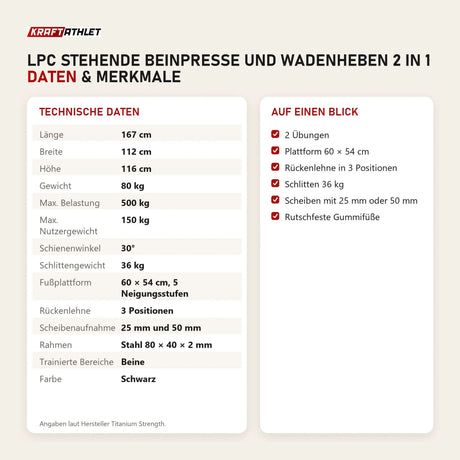 Technische Daten und Merkmale von Titanium Strength LPC Stehende Beinpresse und Wadenheben 2 in 1 als Tabelle
