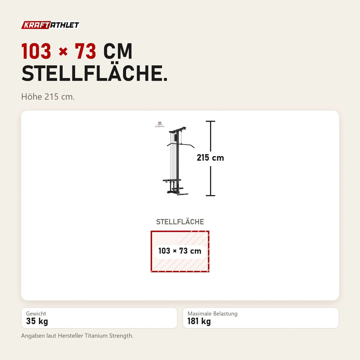 Maßbild Titanium Strength LR1 Lat und Row Attachment Evolution: Stellfläche 103 × 73 cm, Höhe 215 cm
