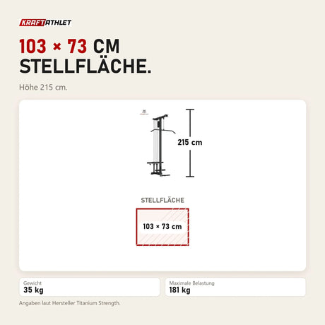 Maßbild Titanium Strength LR1 Lat und Row Attachment Evolution: Stellfläche 103 × 73 cm, Höhe 215 cm