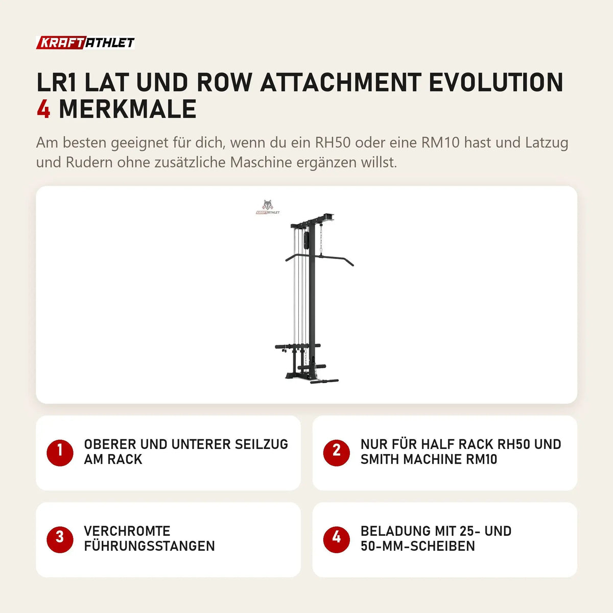 Titanium Strength LR1 Lat und Row Attachment Evolution mit 4 Merkmalen: Oberer und unterer Seilzug am Rack, Nur für Half Rack RH50 und Smith Machine RM10, Verchromte Führungsstangen, Beladung mit 25- und 50-mm-Scheiben