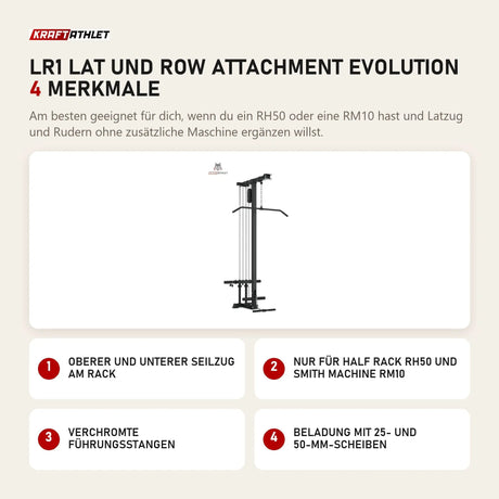Titanium Strength LR1 Lat und Row Attachment Evolution mit 4 Merkmalen: Oberer und unterer Seilzug am Rack, Nur für Half Rack RH50 und Smith Machine RM10, Verchromte Führungsstangen, Beladung mit 25- und 50-mm-Scheiben