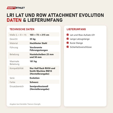 Technische Daten und Lieferumfang von Titanium Strength LR1 Lat und Row Attachment Evolution als Tabelle