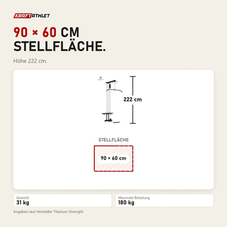 Maßbild Titanium Strength LR2 Lat und Row Attachment Evolution: Stellfläche 90 × 60 cm, Höhe 222 cm