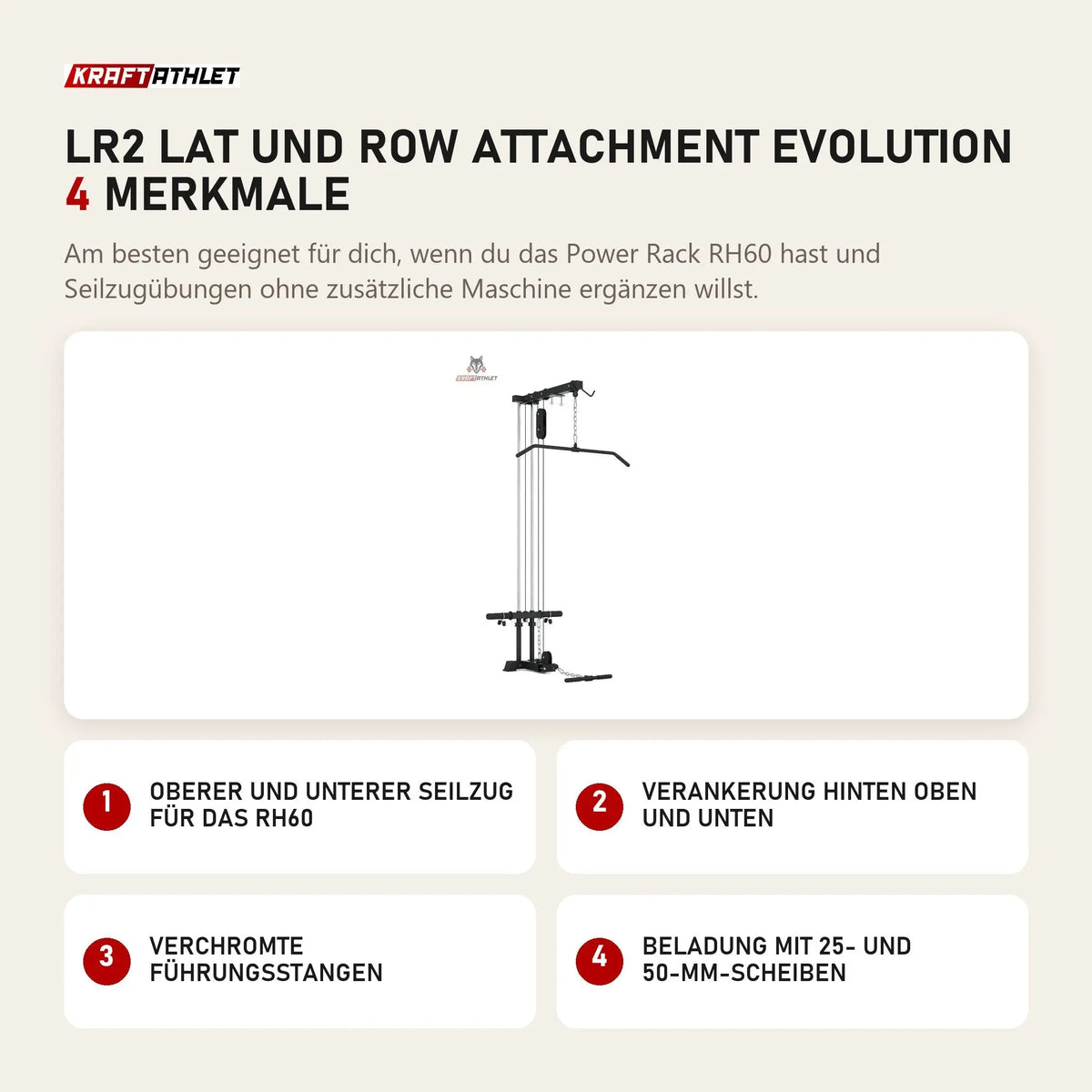 Titanium Strength LR2 Lat und Row Attachment Evolution mit 4 Merkmalen: Oberer und unterer Seilzug für das RH60, Verankerung hinten oben und unten, Verchromte Führungsstangen, Beladung mit 25- und 50-mm-Scheiben