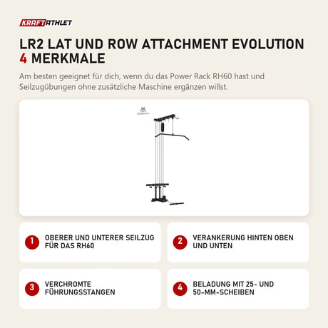 Titanium Strength LR2 Lat und Row Attachment Evolution mit 4 Merkmalen: Oberer und unterer Seilzug für das RH60, Verankerung hinten oben und unten, Verchromte Führungsstangen, Beladung mit 25- und 50-mm-Scheiben