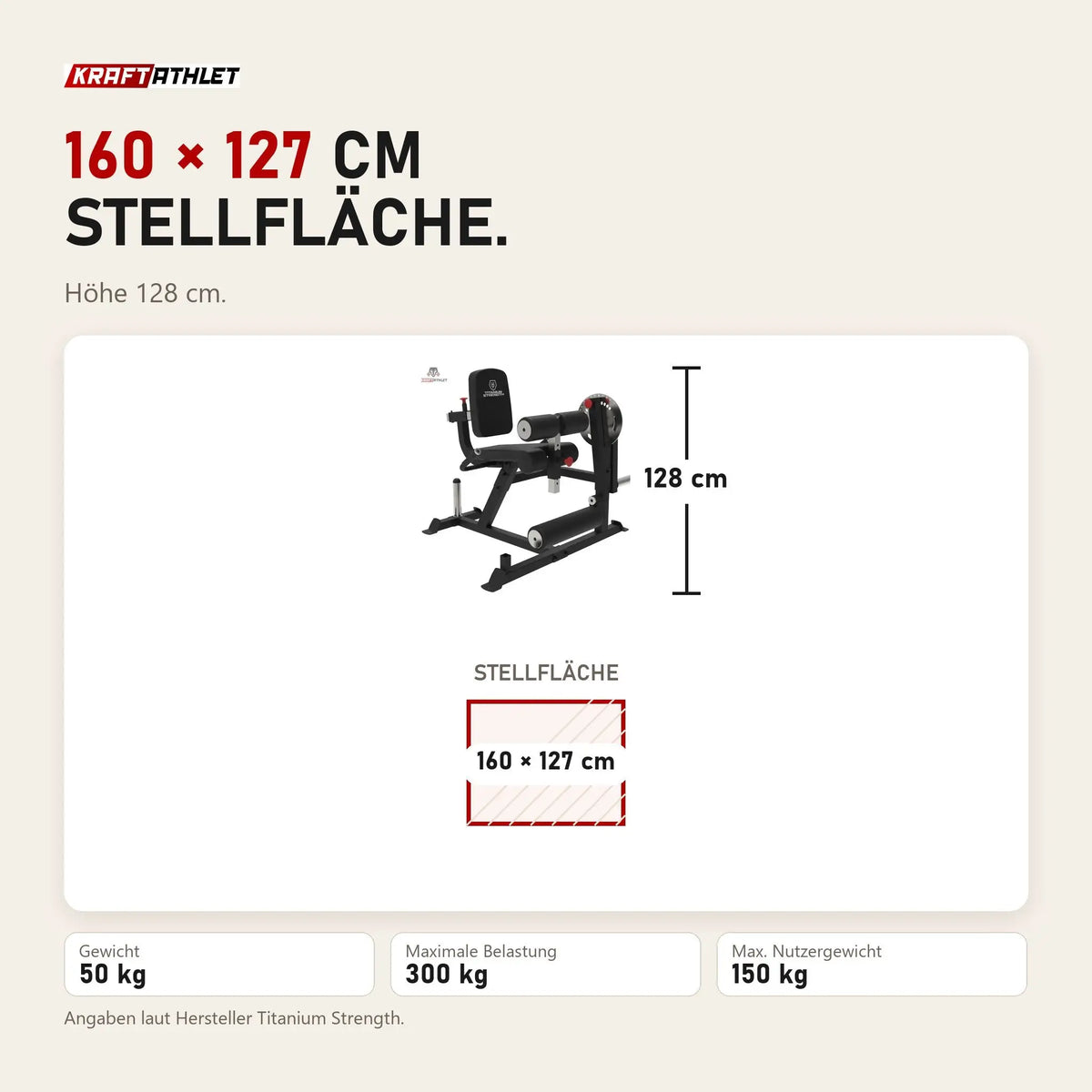 Maßbild Titanium Strength LXC Quadrizeps- und Beinbeuger-Maschine: Stellfläche 160 × 127 cm, Höhe 128 cm