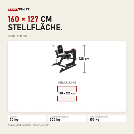 Maßbild Titanium Strength LXC Quadrizeps- und Beinbeuger-Maschine: Stellfläche 160 × 127 cm, Höhe 128 cm