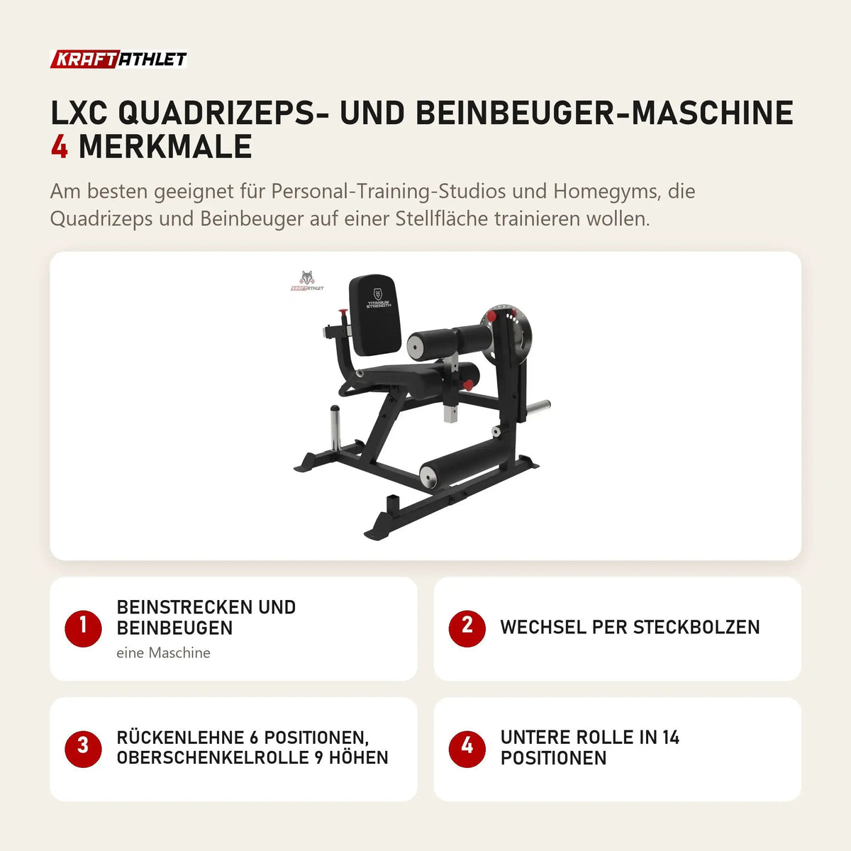 Titanium Strength LXC Quadrizeps- und Beinbeuger-Maschine mit 4 Merkmalen: Beinstrecken und Beinbeugen, Wechsel per Steckbolzen, Rückenlehne 6 Positionen, Oberschenkelrolle 9 Höhen, Untere Rolle in 14 Positionen