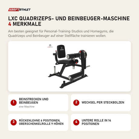 Titanium Strength LXC Quadrizeps- und Beinbeuger-Maschine mit 4 Merkmalen: Beinstrecken und Beinbeugen, Wechsel per Steckbolzen, Rückenlehne 6 Positionen, Oberschenkelrolle 9 Höhen, Untere Rolle in 14 Positionen