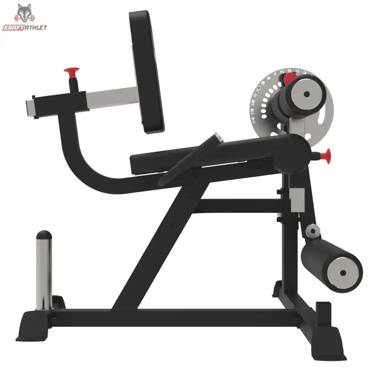 Titanium Strength LXC Quadrizeps- und Beinbeuger-Maschine in der Seitenansicht mit Scheibenaufnahme
