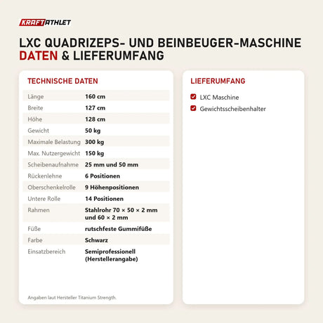 Technische Daten und Lieferumfang von Titanium Strength LXC Quadrizeps- und Beinbeuger-Maschine als Tabelle