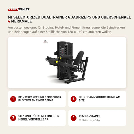 Titanium Strength M1 Selectorized Dualtrainer Quadrizeps und Oberschenkel mit 4 Merkmalen: Beinstrecker und Beinbeuger im Sitzen an einem Gerät, Beinspannvorrichtung am Sitz, Sitz und Rückenlehne per Hebel verstellbar, 100-kg-Stapel