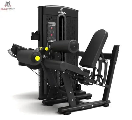 Titanium Strength M1 Selectorized Dualtrainer Quadrizeps und Oberschenkel in Schrägansicht mit Sitz, Beinrollen und Gewichtsturm in Schwarz