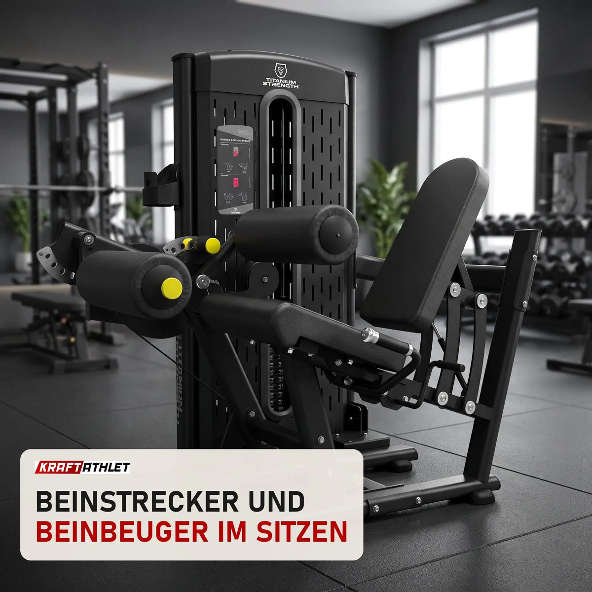 Titanium Strength M1 Selectorized Dualtrainer Quadrizeps und Oberschenkel in einem fertig eingerichteten Studio mit dunklen Wänden und Gummiboden
