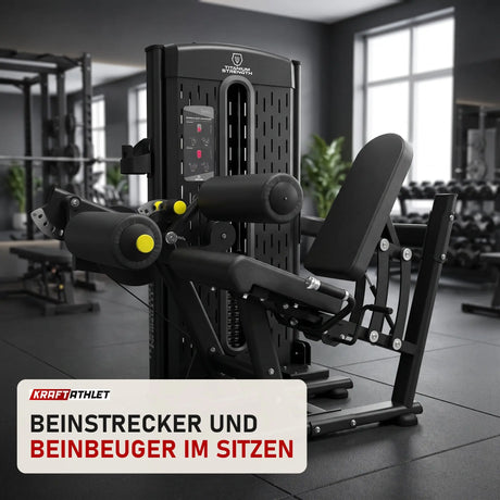 Titanium Strength M1 Selectorized Dualtrainer Quadrizeps und Oberschenkel in einem fertig eingerichteten Studio mit dunklen Wänden und Gummiboden