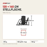 Maßbild Titanium Strength M4 Sitzende Beinpresse: Stellfläche 120 × 140 cm, Höhe 153,5 cm