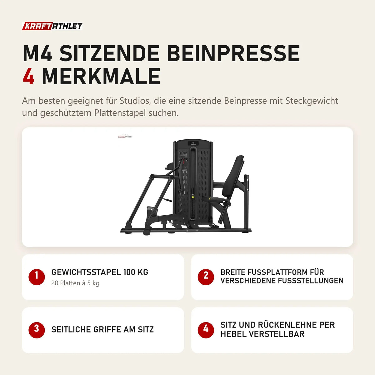 Titanium Strength M4 Sitzende Beinpresse mit 4 Merkmalen: Gewichtsstapel 100 kg, Breite Fußplattform für verschiedene Fußstellungen, Seitliche Griffe am Sitz, Sitz und Rückenlehne per Hebel verstellbar