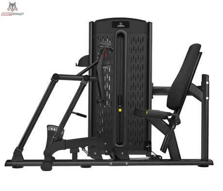 Titanium Strength M4 Sitzende Beinpresse in Seitenansicht mit Fußplatte, Rückenlehne und Gewichtsturm in Schwarz
