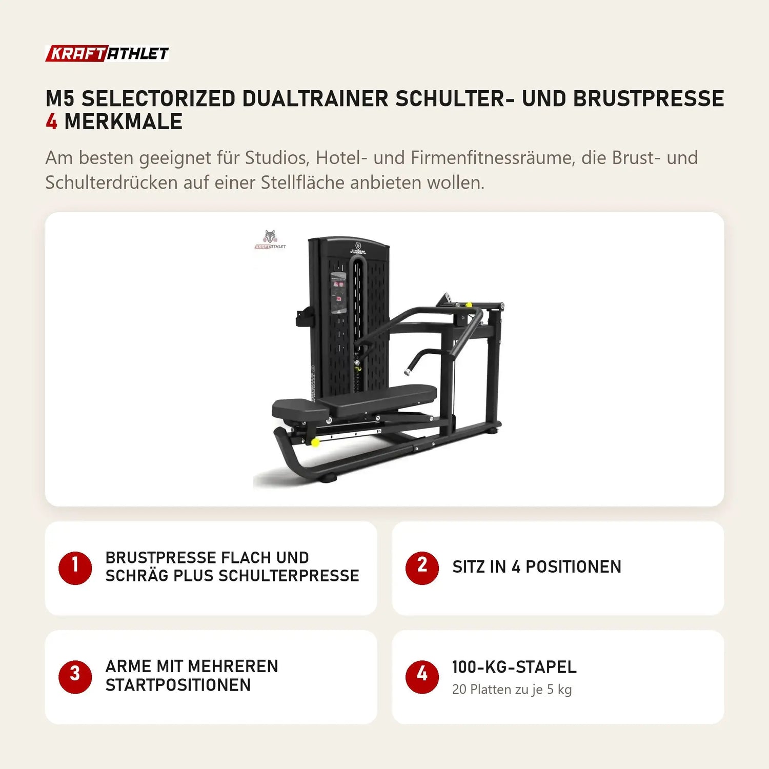 Titanium Strength M5 Selectorized Dualtrainer Schulter- und Brustpresse mit 4 Merkmalen: Brustpresse flach und schräg plus Schulterpresse, Sitz in 4 Positionen, Arme mit mehreren Startpositionen, 100-kg-Stapel