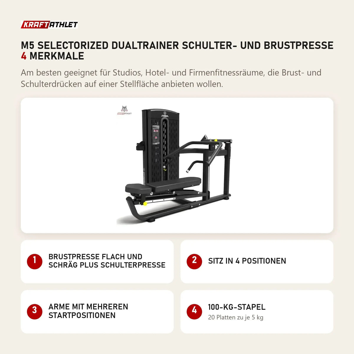 Titanium Strength M5 Selectorized Dualtrainer Schulter- und Brustpresse mit 4 Merkmalen: Brustpresse flach und schräg plus Schulterpresse, Sitz in 4 Positionen, Arme mit mehreren Startpositionen, 100-kg-Stapel