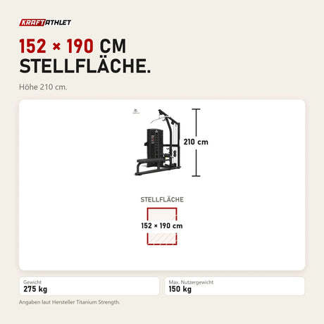 Maßbild Titanium Strength M6 Selectorized Dualtrainer High Pulley und Rudern: Stellfläche 152 × 190 cm, Höhe 210 cm