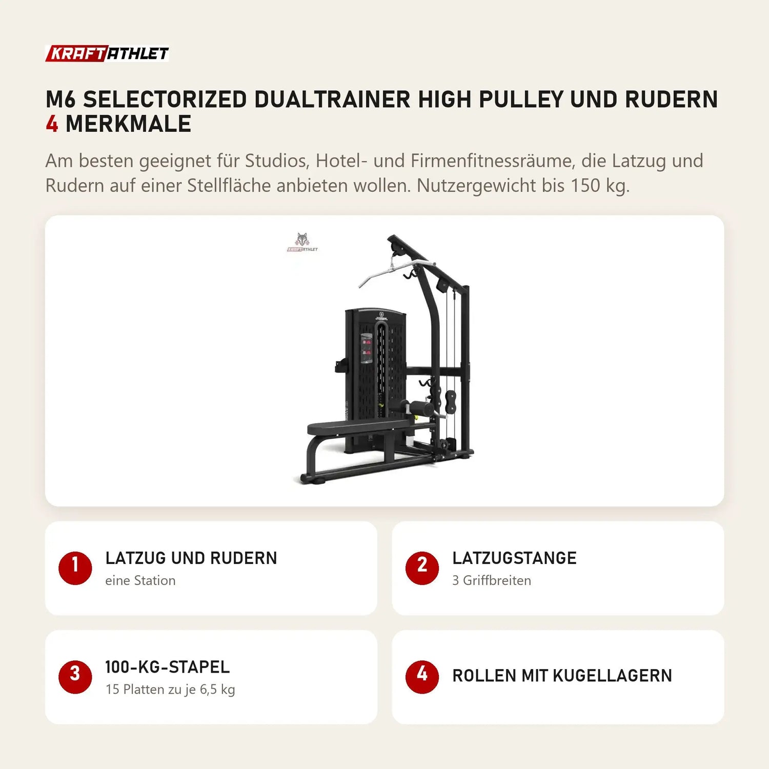 Titanium Strength M6 Selectorized Dualtrainer High Pulley und Rudern mit 4 Merkmalen: Latzug und Rudern, Latzugstange, 100-kg-Stapel, Rollen mit Kugellagern