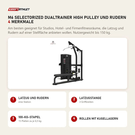 Titanium Strength M6 Selectorized Dualtrainer High Pulley und Rudern mit 4 Merkmalen: Latzug und Rudern, Latzugstange, 100-kg-Stapel, Rollen mit Kugellagern