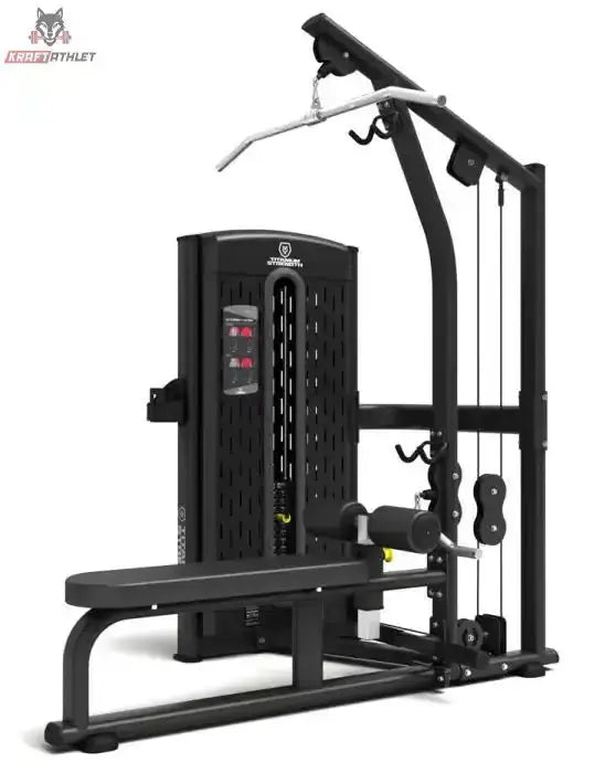 Titanium Strength M6 Selectorized Dualtrainer High Pulley und Rudern, Seitenansicht mit Latzugstange und Bank