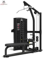 Titanium Strength M6 Selectorized Dualtrainer High Pulley und Rudern, Seitenansicht mit Latzugstange und Bank