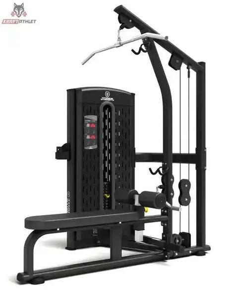 Titanium Strength M6 Selectorized Dualtrainer High Pulley und Rudern, Seitenansicht mit Latzugstange und Bank
