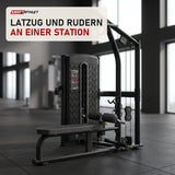 Titanium Strength M6 Selectorized Dualtrainer High Pulley und Rudern in einem fertig eingerichteten Studio mit dunklen Wänden und Gummiboden