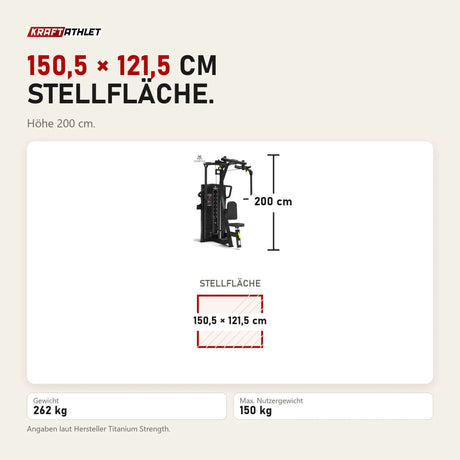 Maßbild Titanium Strength M7 Selectorized Dualtrainer Fly und Delts: Stellfläche 150,5 × 121,5 cm, Höhe 200 cm