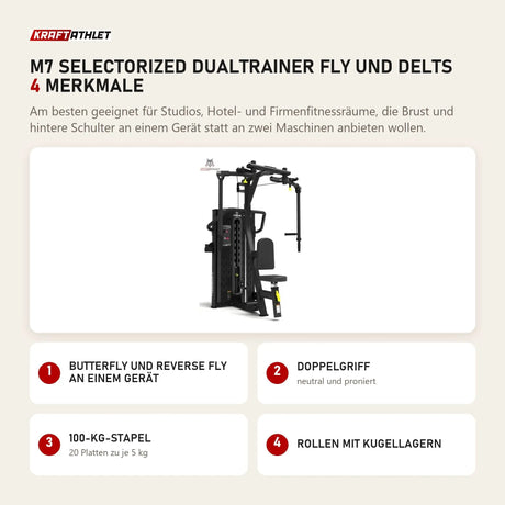 Titanium Strength M7 Selectorized Dualtrainer Fly und Delts mit 4 Merkmalen: Butterfly und Reverse Fly an einem Gerät, Doppelgriff, 100-kg-Stapel, Rollen mit Kugellagern